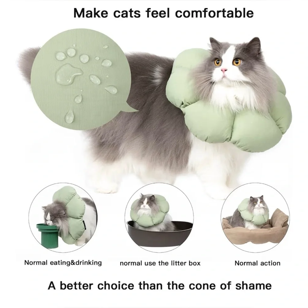 NEW Cat Cone Collar Waterproof Recovery Anti-Bite Healing Safety Green Flower L